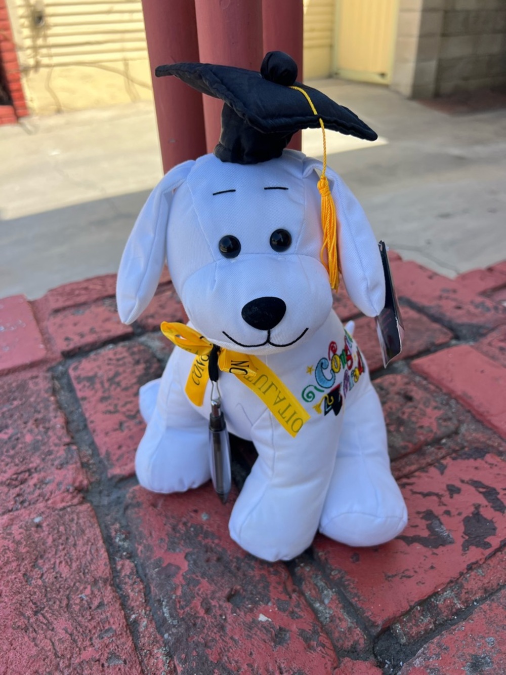 White Plush Graduation Puppy with Black Cap and Yellow Tassel